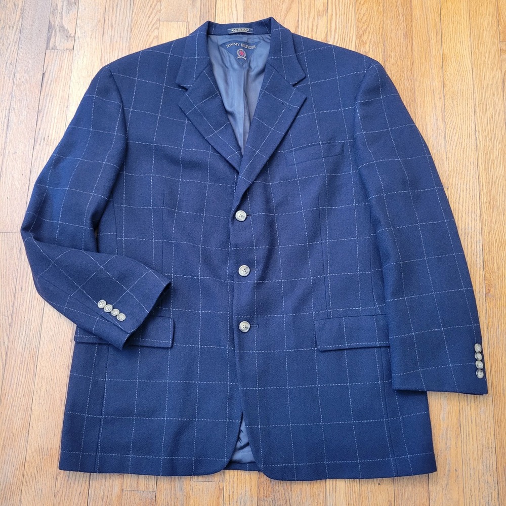 Vtg Tommy Hilfiger 50R Blazer Blue Wool Windowpane Plaid USA Preppy Sport Coat